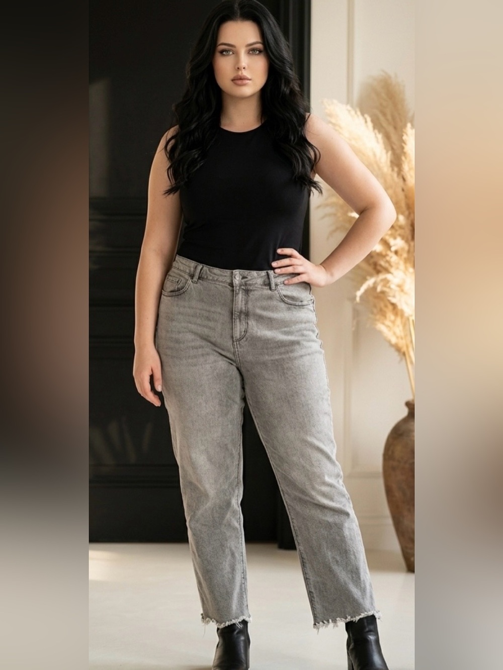 LOFT Straight-Leg High-Rise Gray Crop Jeans With Frayed Raw Hem